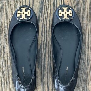 Tory Burch Black Flats with Gold Logo